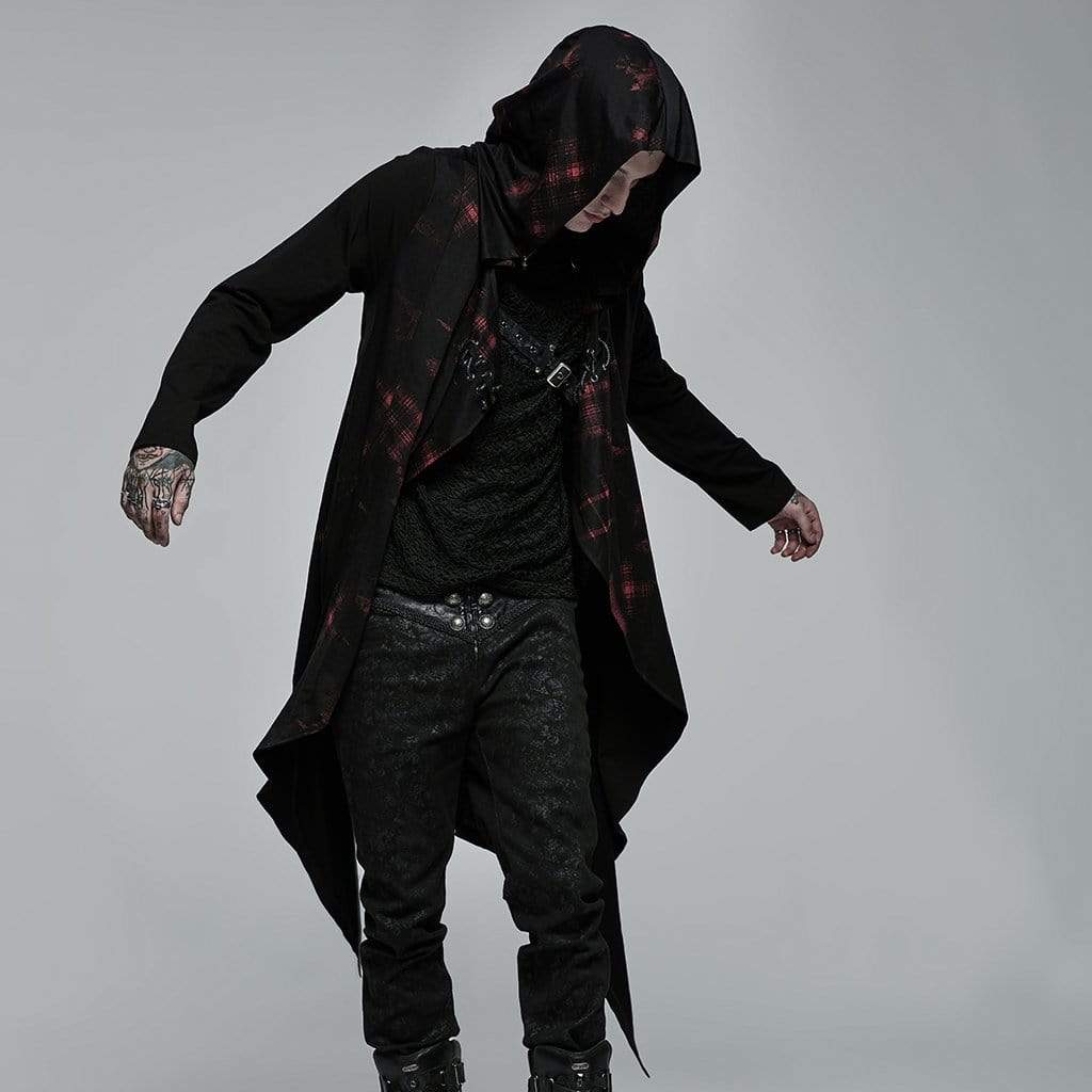 Punk Rave Men's Gothic Irregular Ruched Plaid Cardigan with Hood