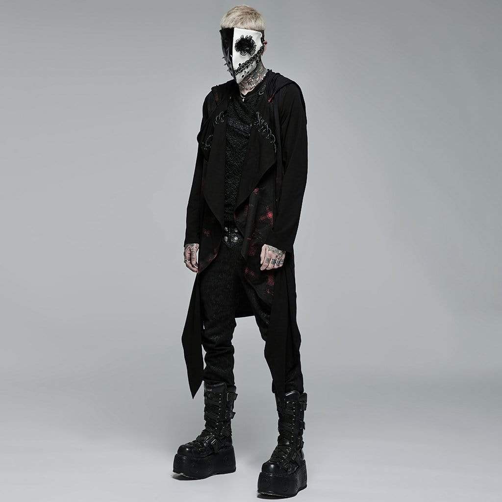 Punk Rave Men's Gothic Irregular Ruched Plaid Cardigan with Hood