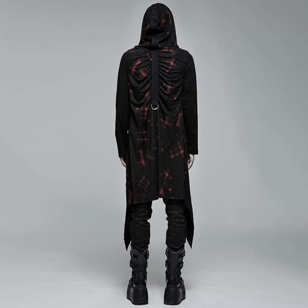 Punk Rave Men's Gothic Irregular Ruched Plaid Cardigan with Hood