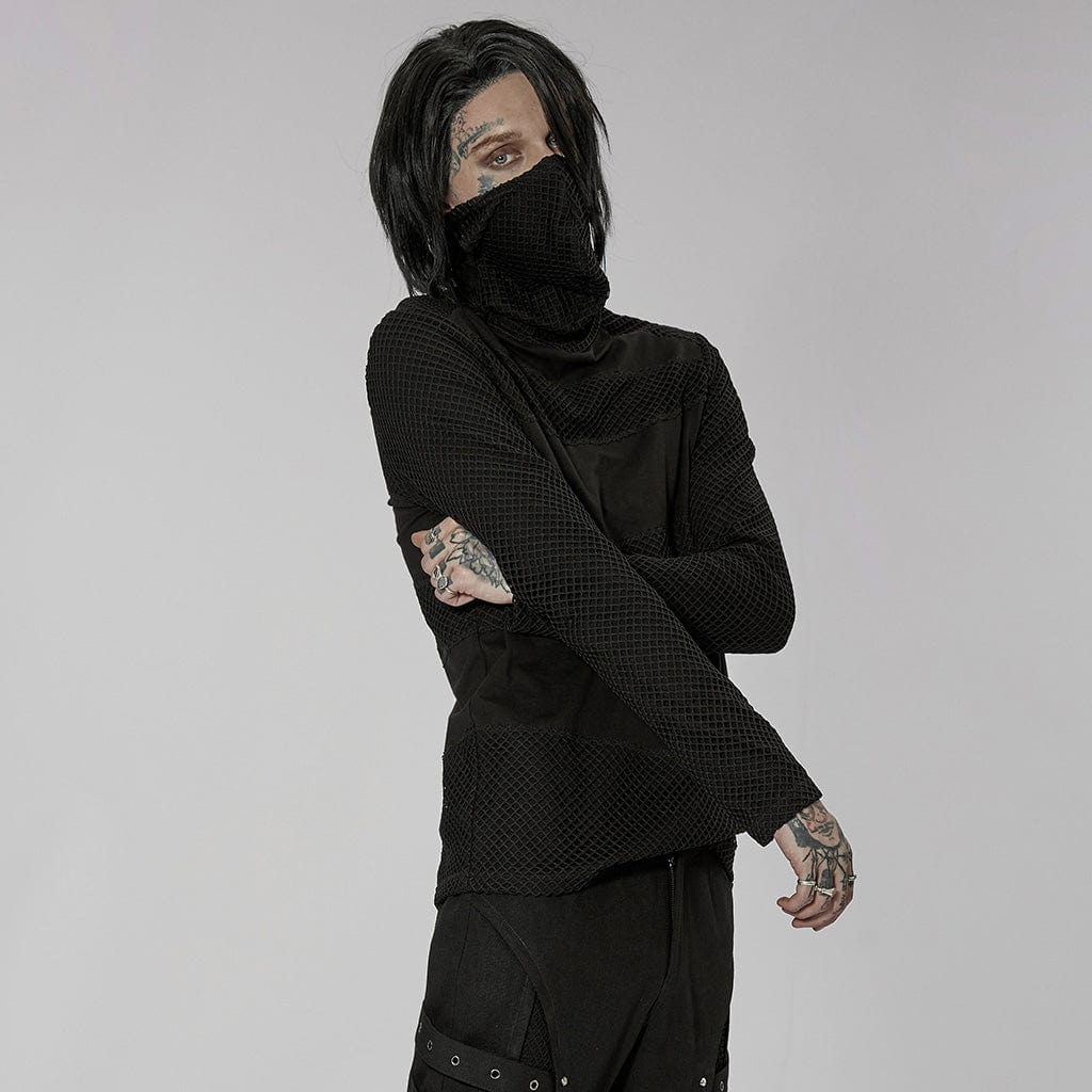 PUNK RAVE Men's Gothic Mesh Splice Masked Shirt