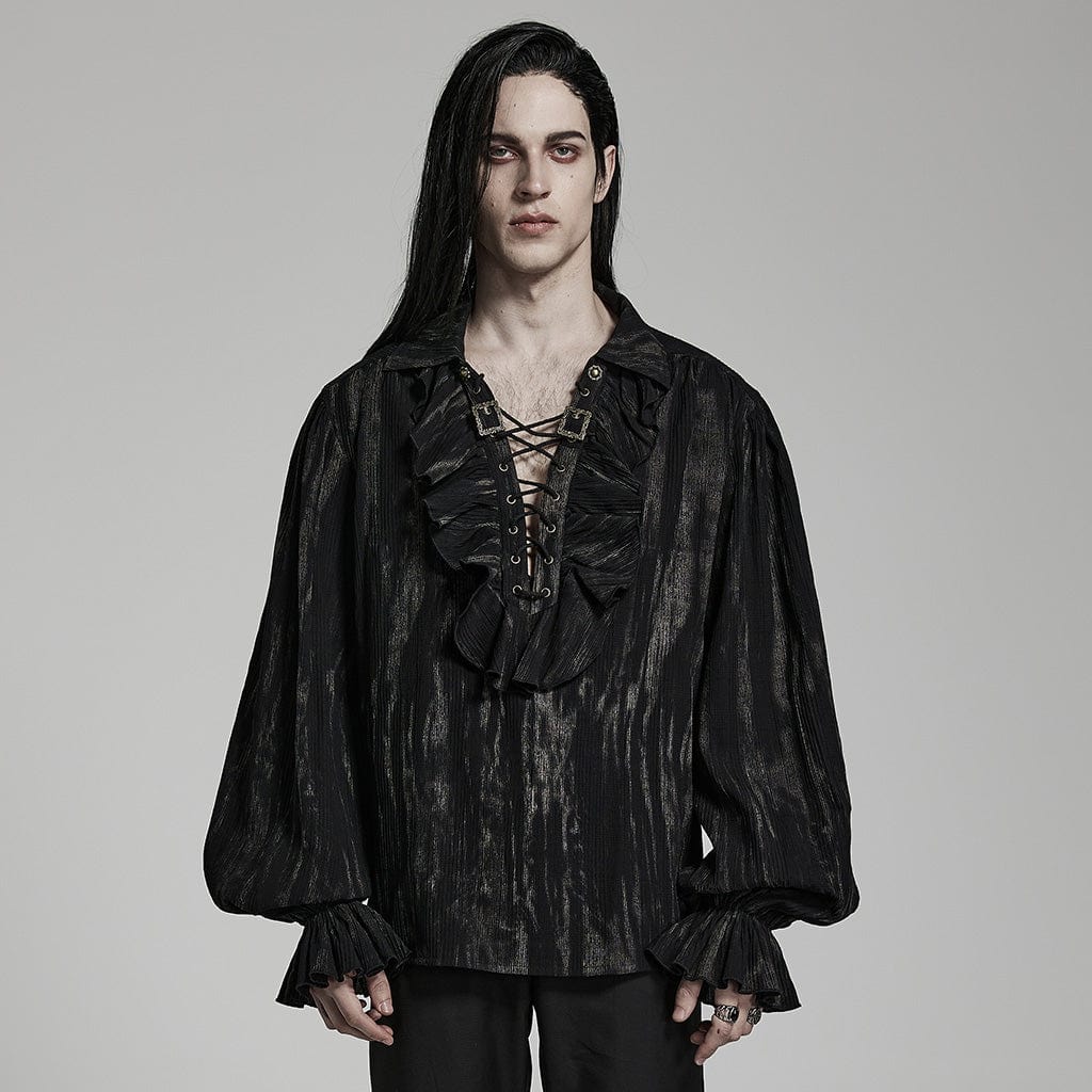 PUNK RAVE Men's Gothic Plunging Lantern Sleeved Ruffled Shirt