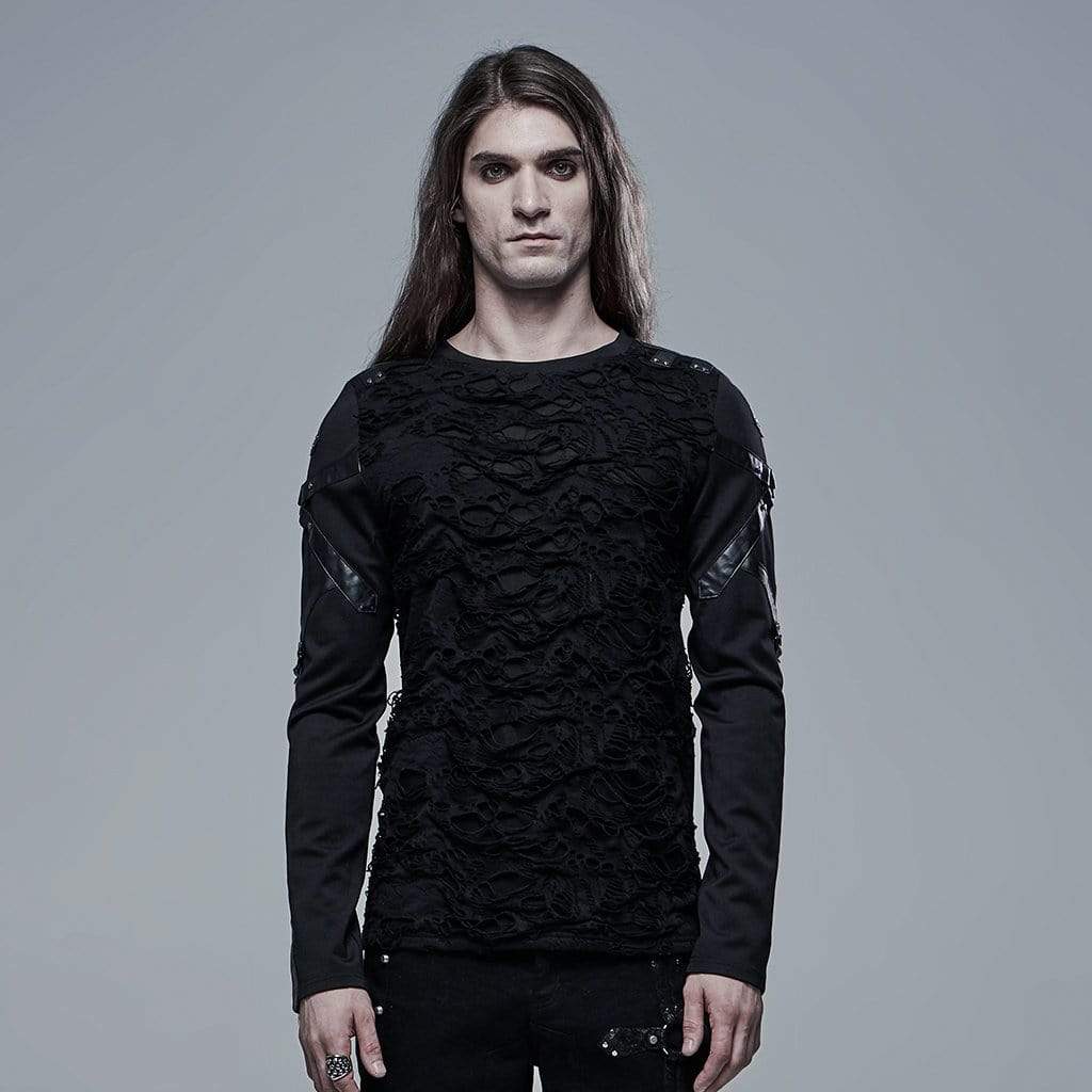 Men's Gothic Ripped Double-layer Splice Black Shirt