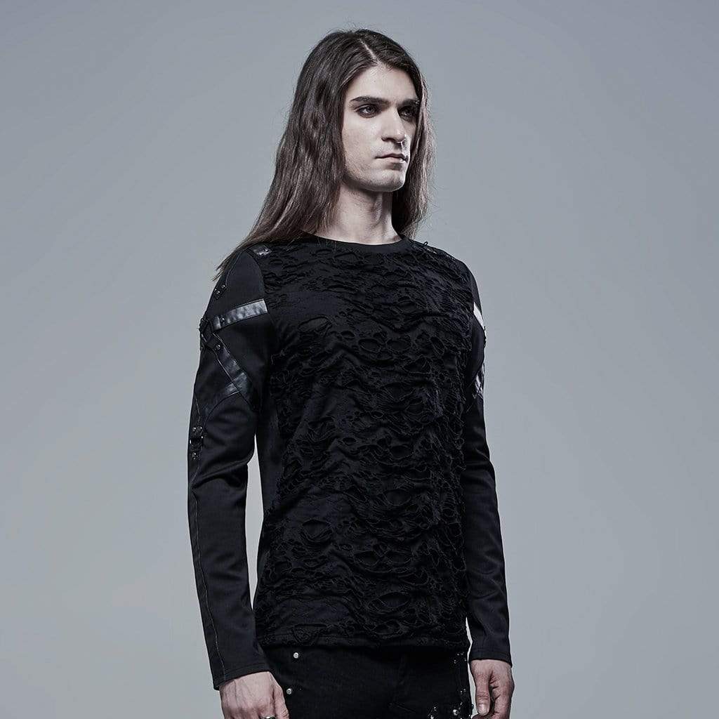 Men's Gothic Ripped Double-layer Splice Black Shirt