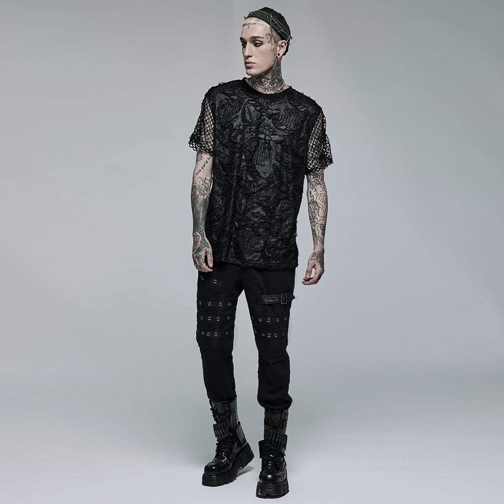 Punk Rave Men's Gothic Ripped Mesh Knitted T-shirt