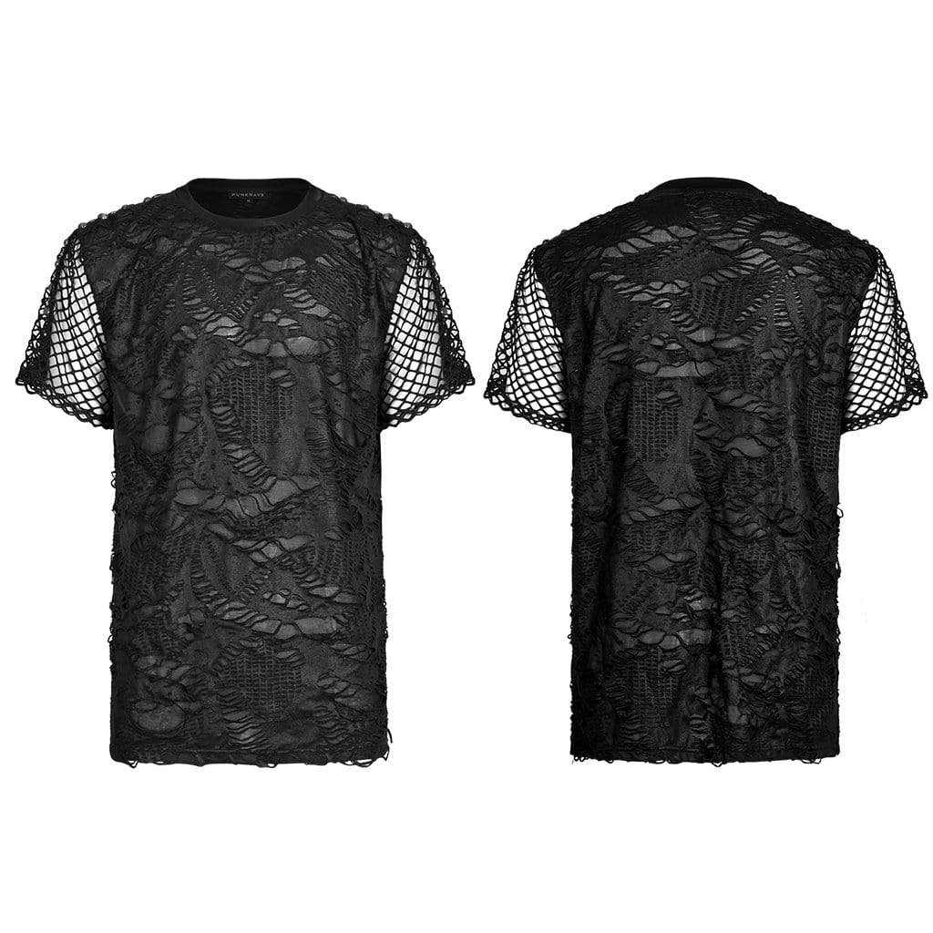 Punk Rave Men's Gothic Ripped Mesh Knitted T-shirt