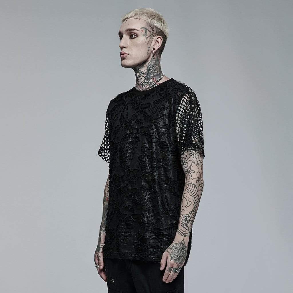 Punk Rave Men's Gothic Ripped Mesh Knitted T-shirt