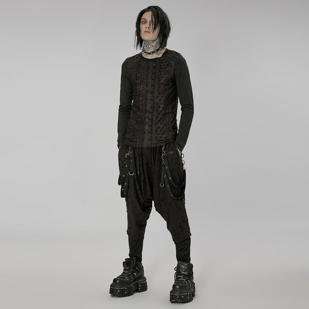 PUNK RAVE Men's Gothic Ripped Sagging Pants with Straps