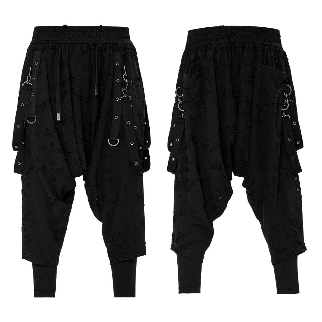 PUNK RAVE Men's Gothic Ripped Sagging Pants with Straps