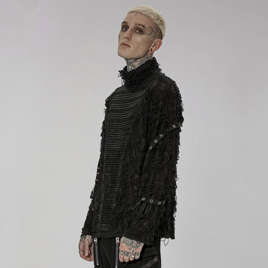 PUNK RAVE Men's Gothic Ripped Splice Turtleneck Shirt