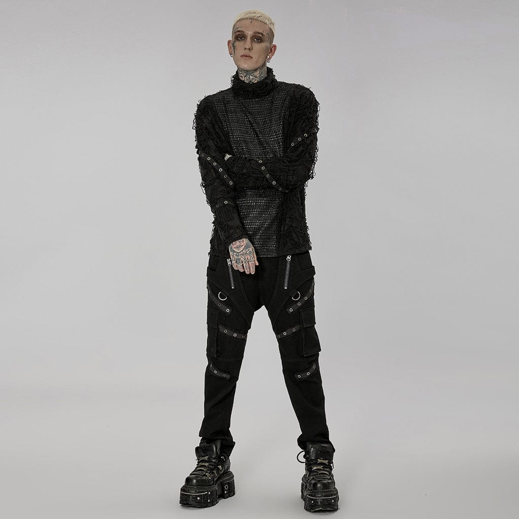 PUNK RAVE Men's Gothic Ripped Splice Turtleneck Shirt