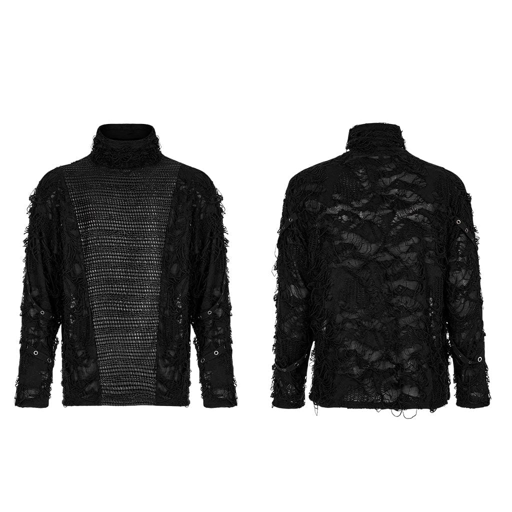 PUNK RAVE Men's Gothic Ripped Splice Turtleneck Shirt