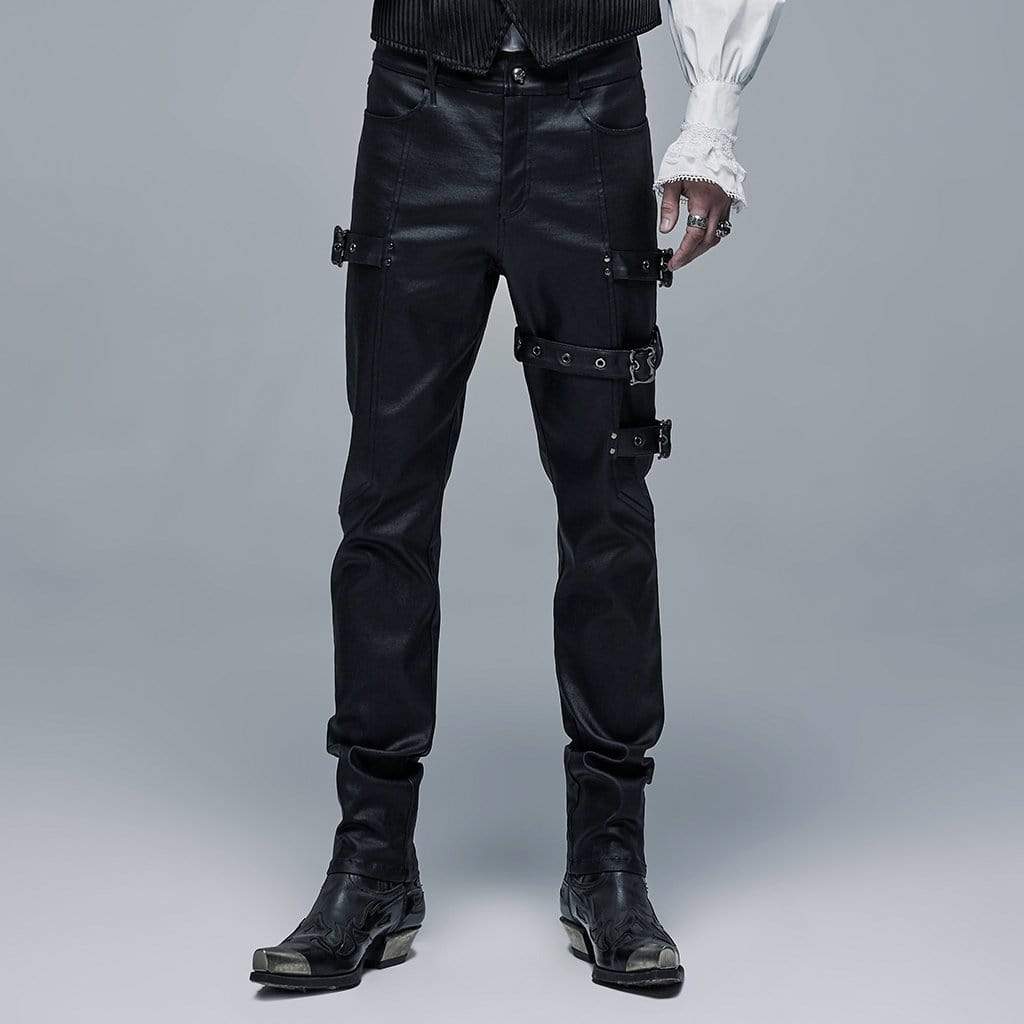 Men's Gothic Slim Fitted Adjustable Buckles Black Pants