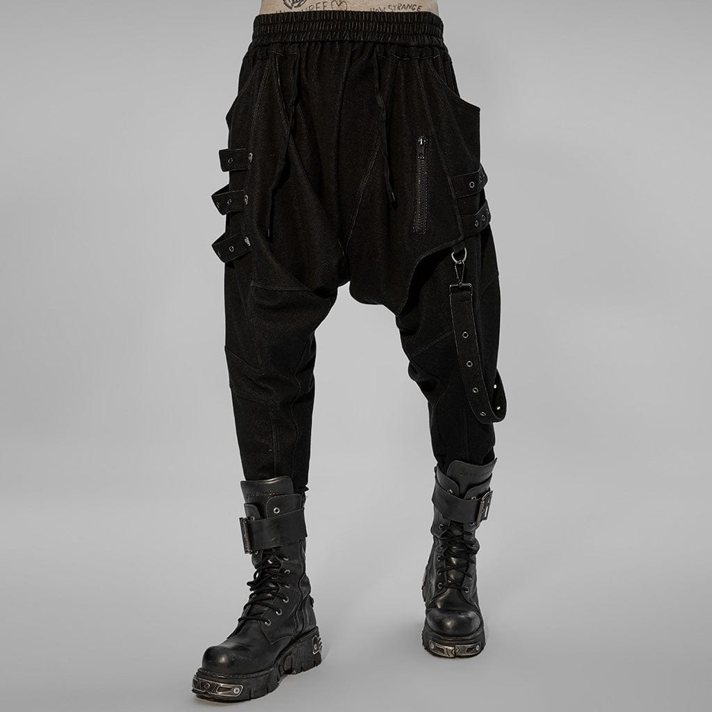 PUNK RAVE Men's Gothic Splice Sagging Pants with Straps