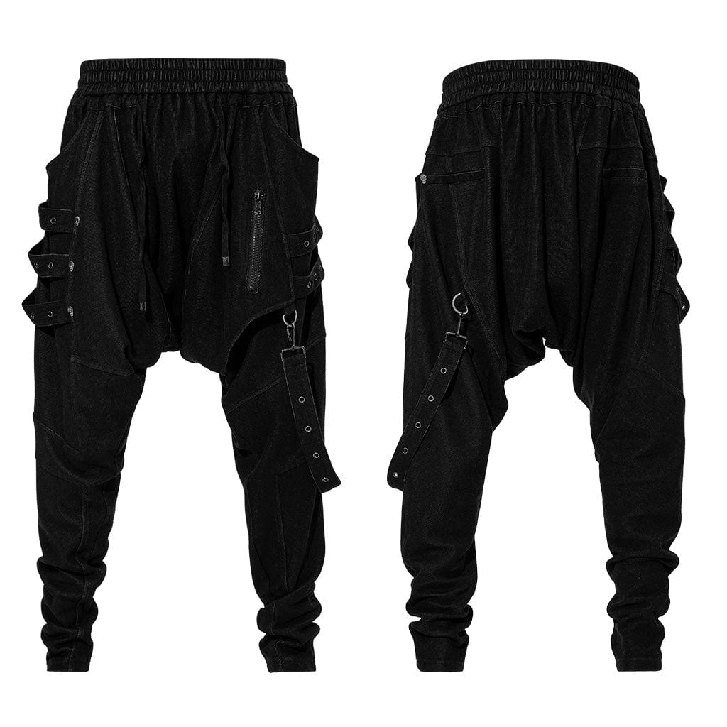 PUNK RAVE Men's Gothic Splice Sagging Pants with Straps