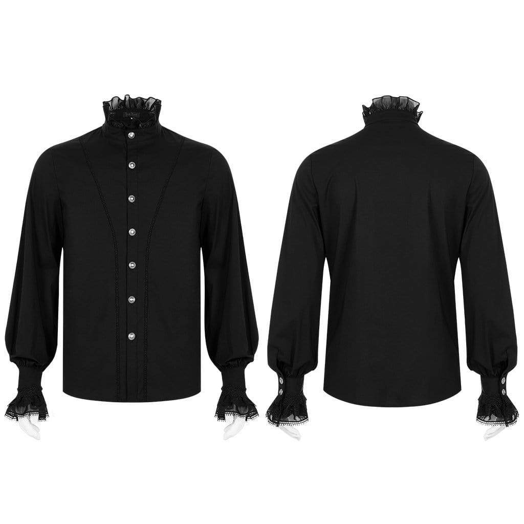 Men's Gothic Stand Collar Lace Hem Black Shirt