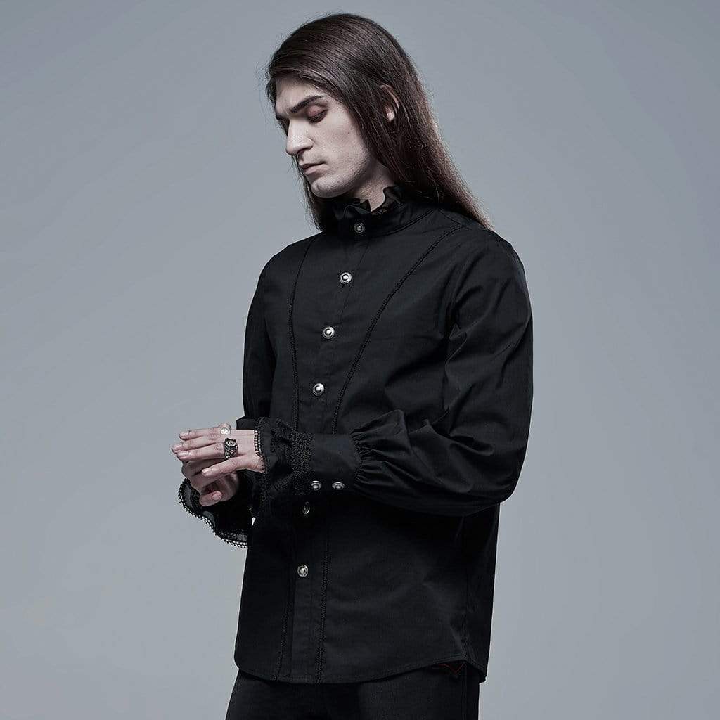 Men's Gothic Stand Collar Lace Hem Black Shirt