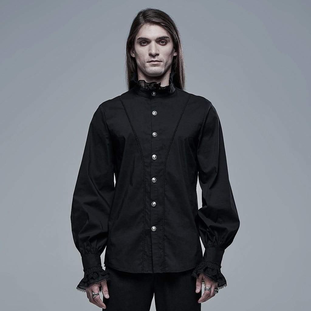 Men's Gothic Stand Collar Lace Hem Black Shirt