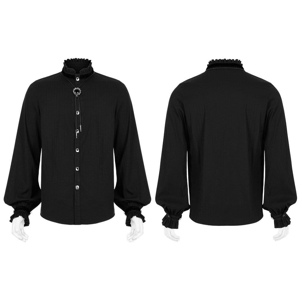 Men's Gothic Stand Collar Puff Sleeved Black Shirt with Necklace