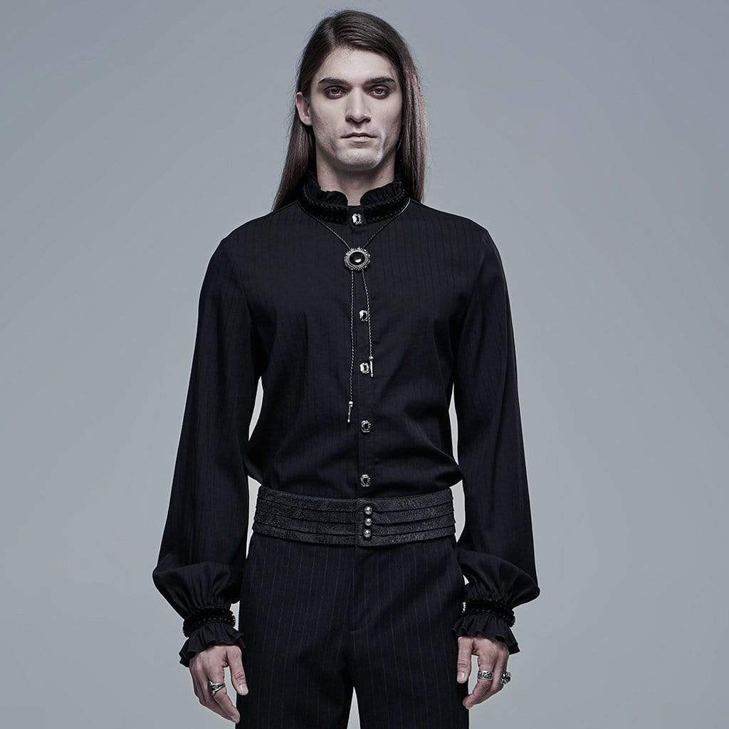 Men's Gothic Stand Collar Puff Sleeved Black Shirt with Necklace