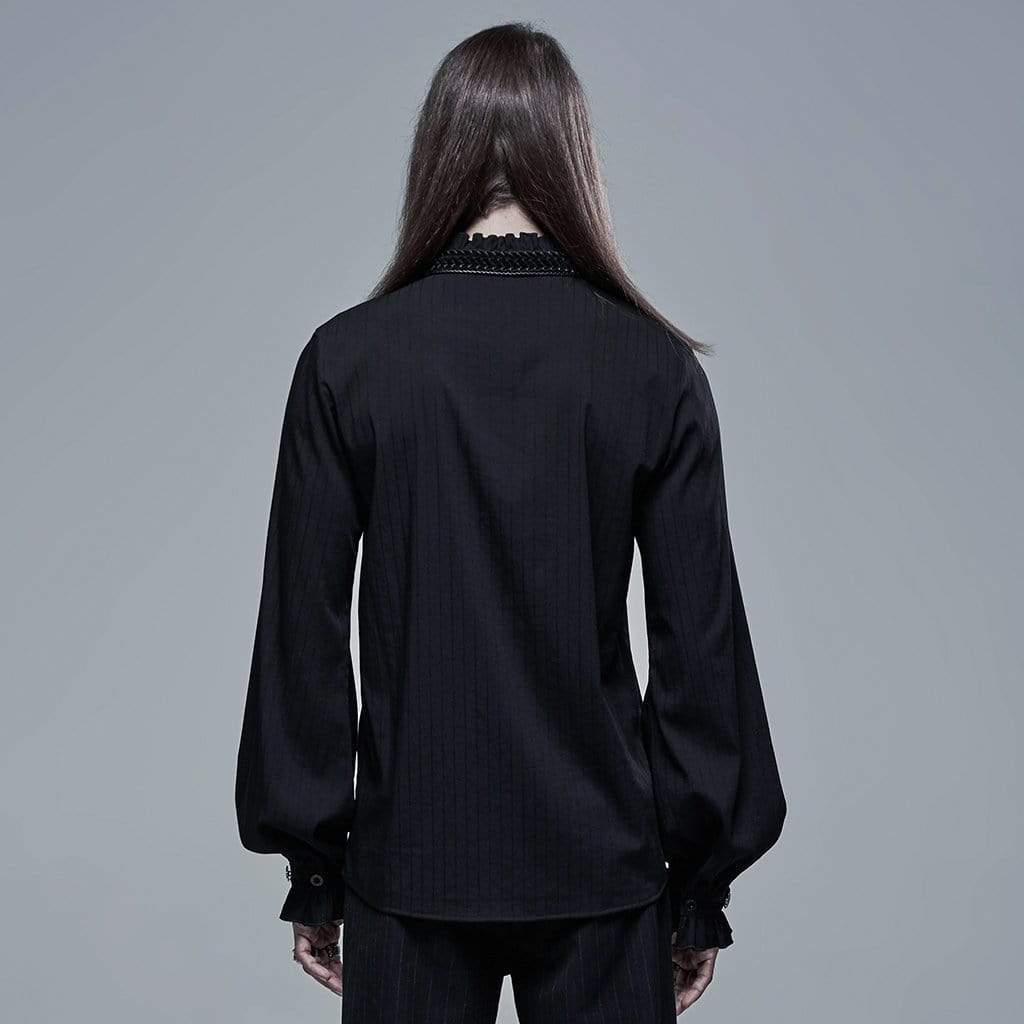 Men's Gothic Stand Collar Puff Sleeved Black Shirt with Necklace