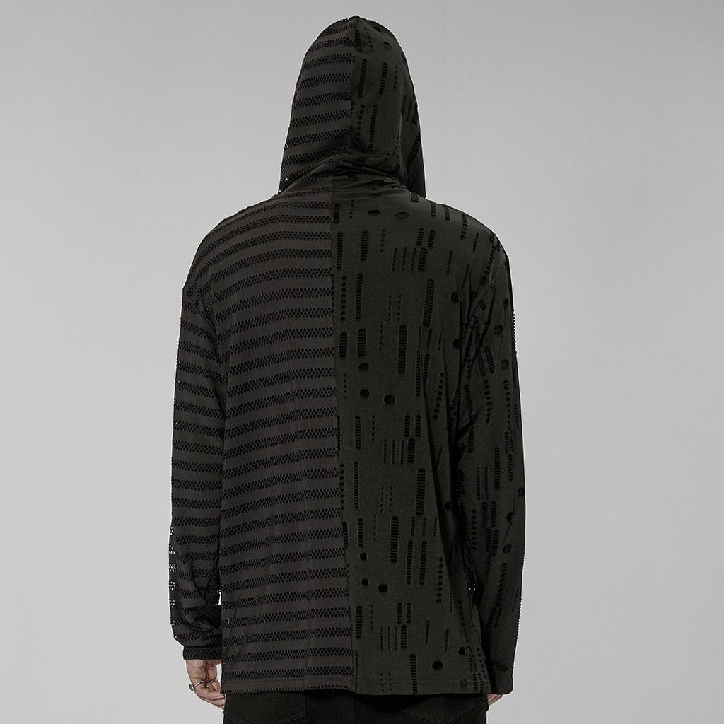 PUNK RAVE Men's Gothic Striped Splice Ripped Hoodies