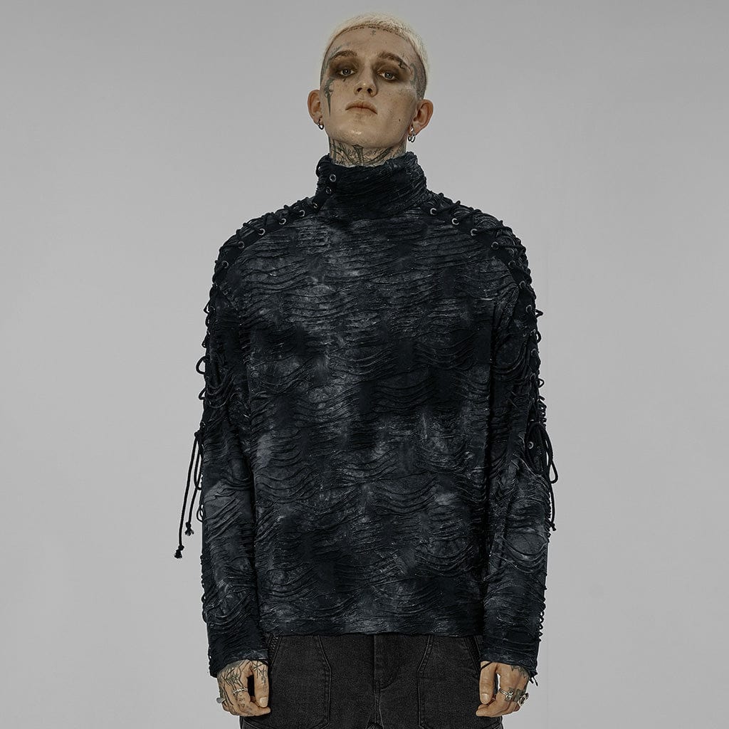 PUNK RAVE Men's Gothic Tie-dyed Ripped Turtleneck Shirt