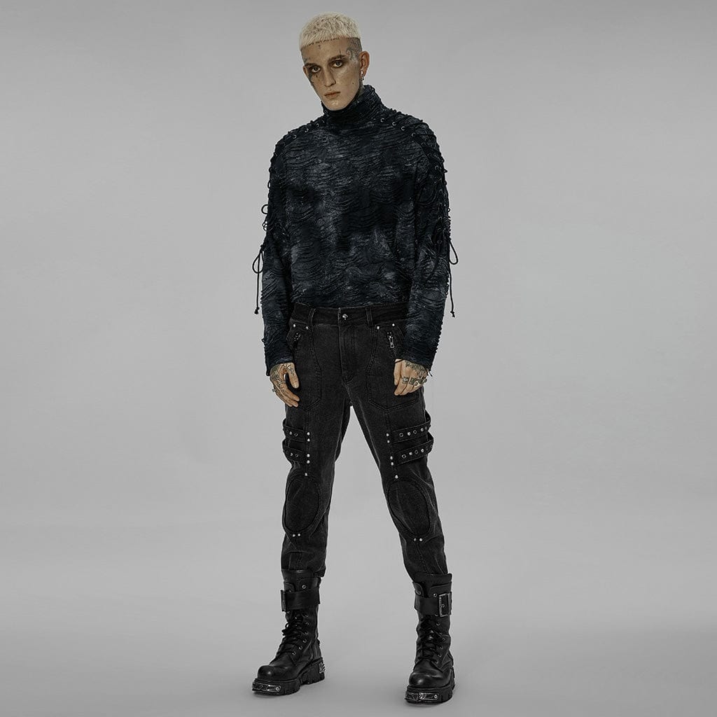 PUNK RAVE Men's Gothic Tie-dyed Ripped Turtleneck Shirt