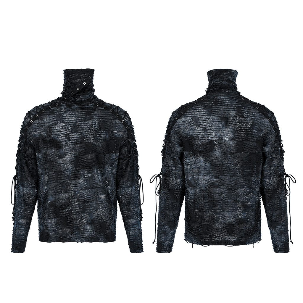 PUNK RAVE Men's Gothic Tie-dyed Ripped Turtleneck Shirt