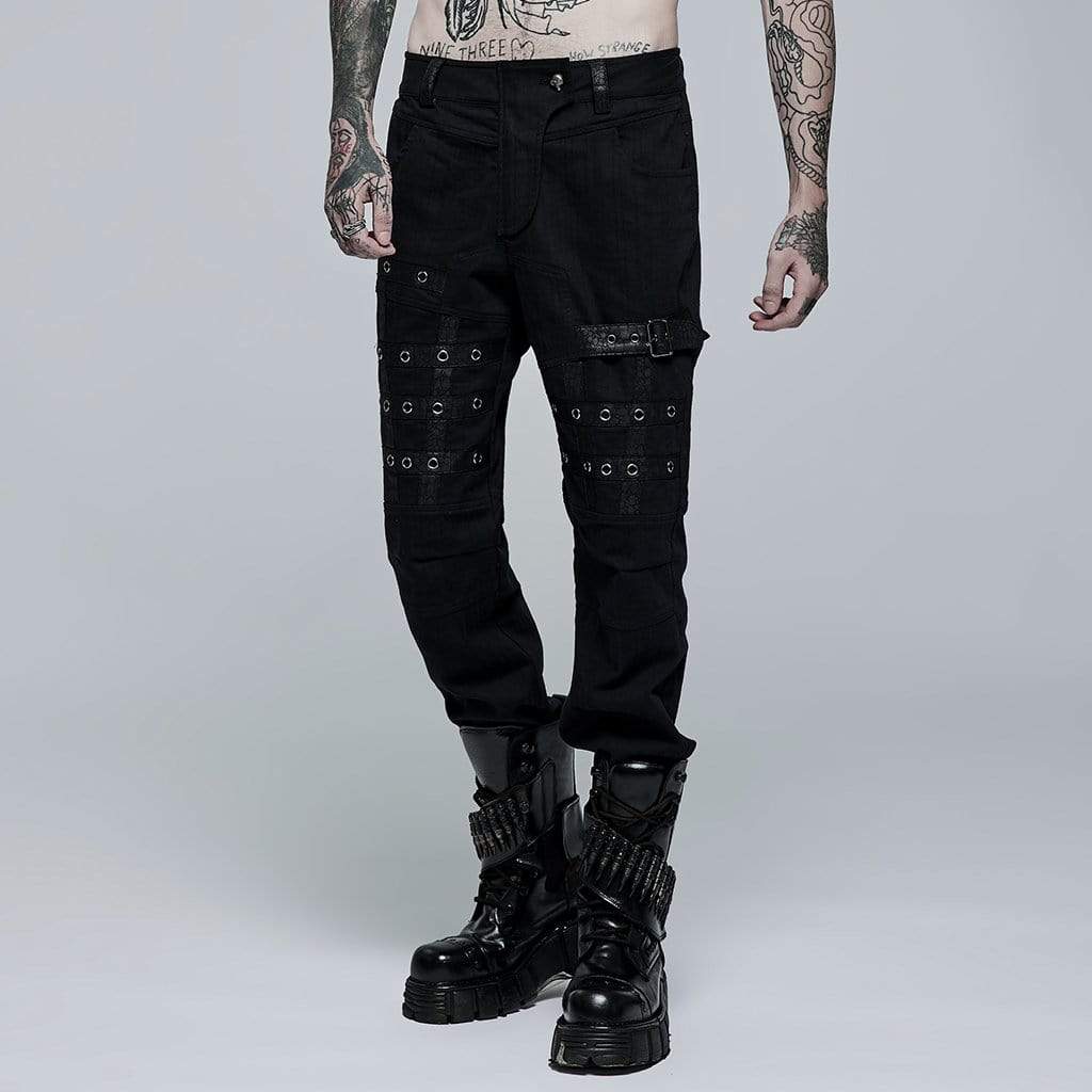 Punk Rave Men's Punk Buckle Splice Woven Pants