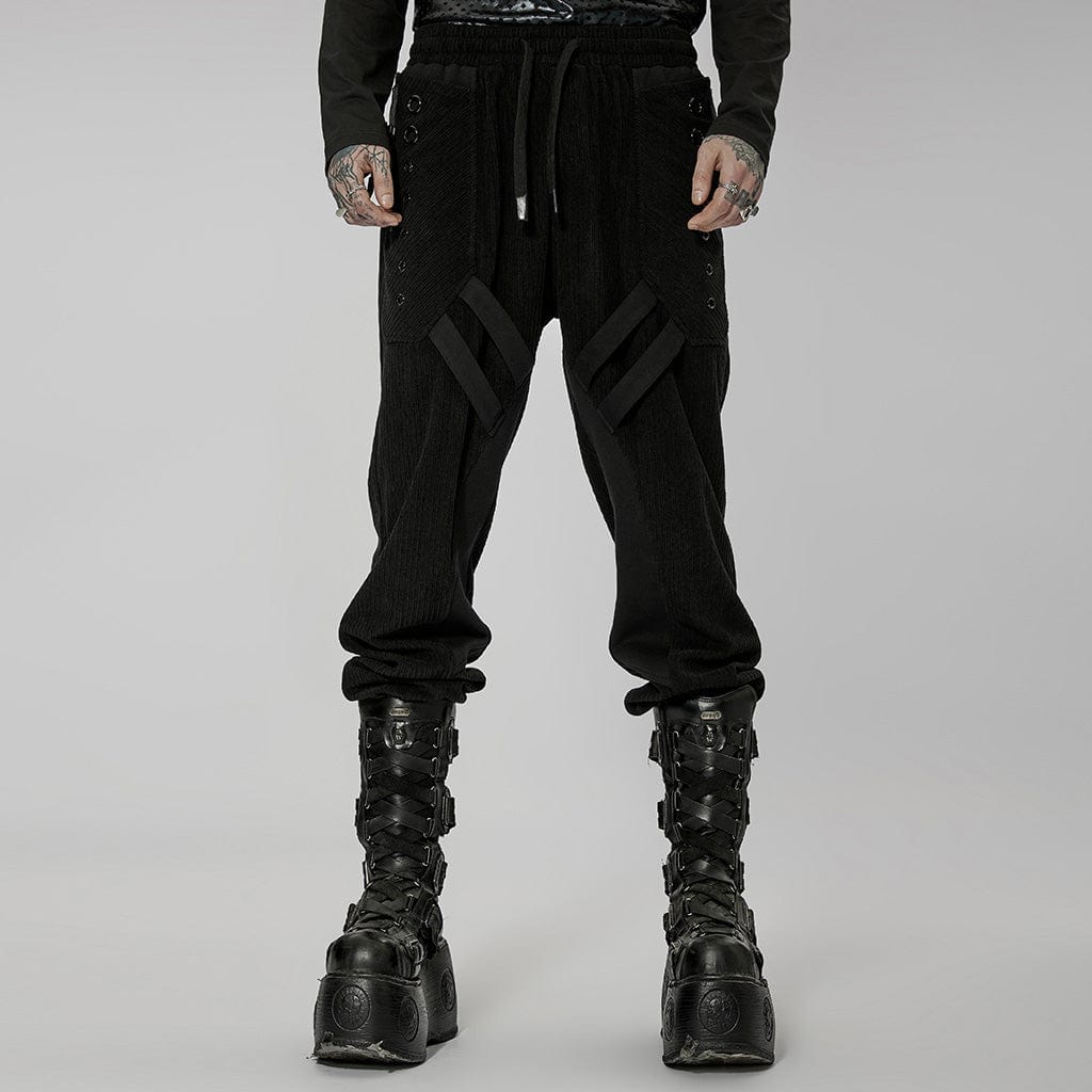 PUNK RAVE Men's Punk Buckles Splice Corduroy Black Pants