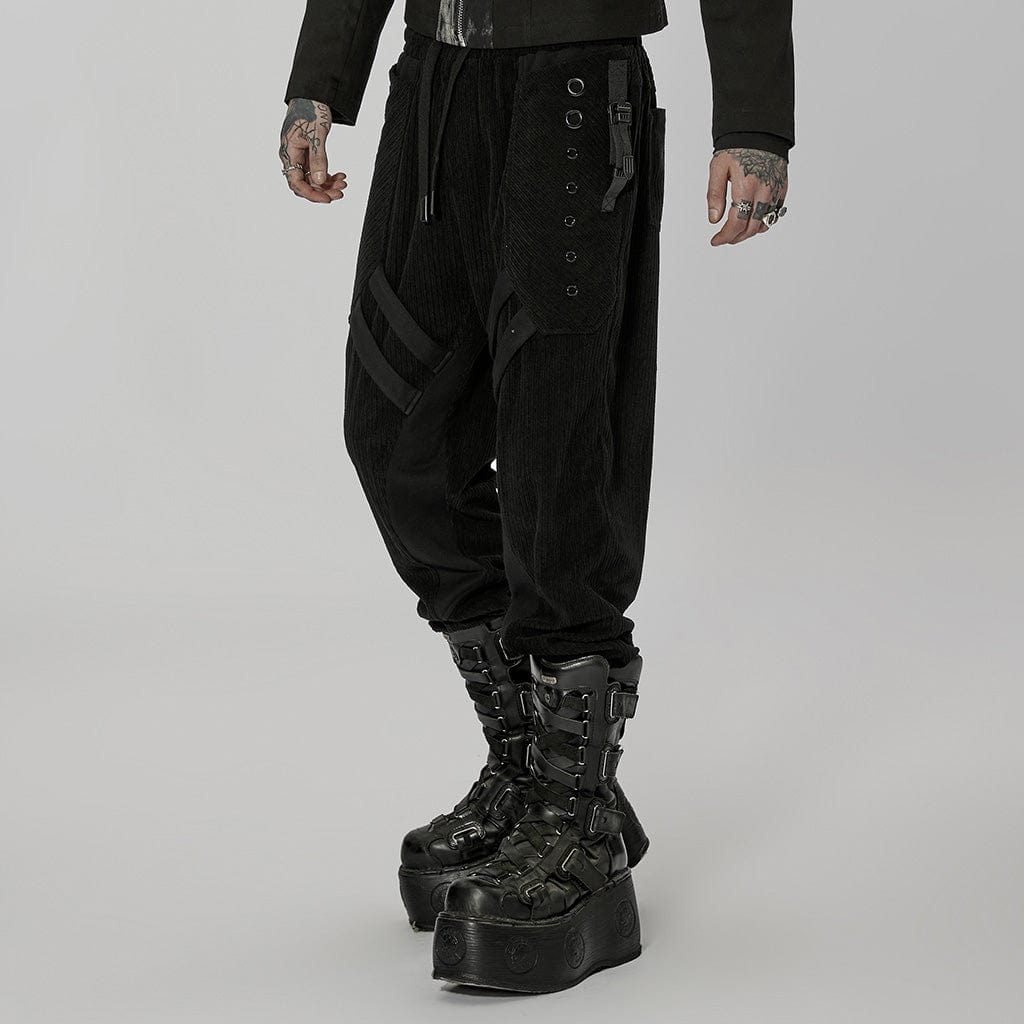 PUNK RAVE Men's Punk Buckles Splice Corduroy Black Pants