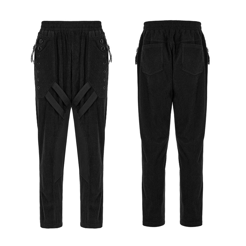 PUNK RAVE Men's Punk Buckles Splice Corduroy Black Pants