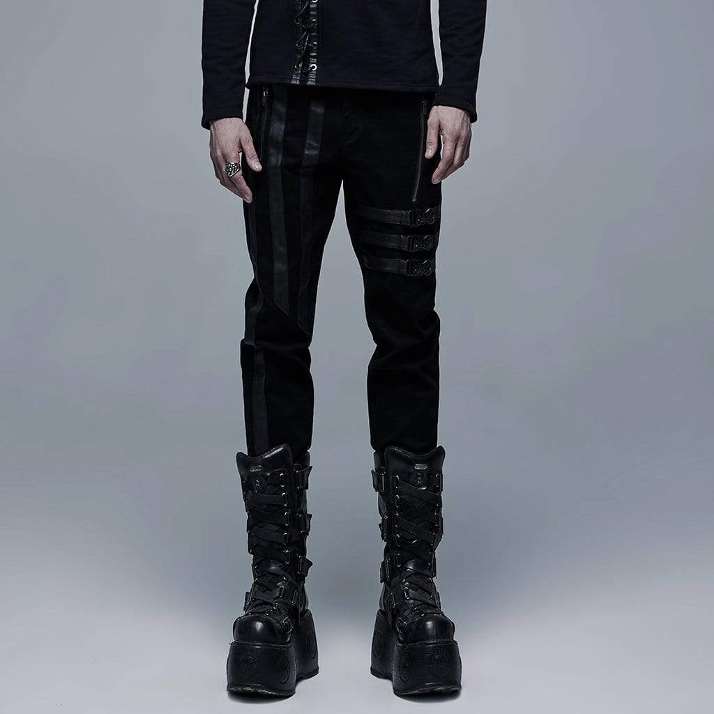 Men's Punk Buckles Splice Multi Zipper Black Pants