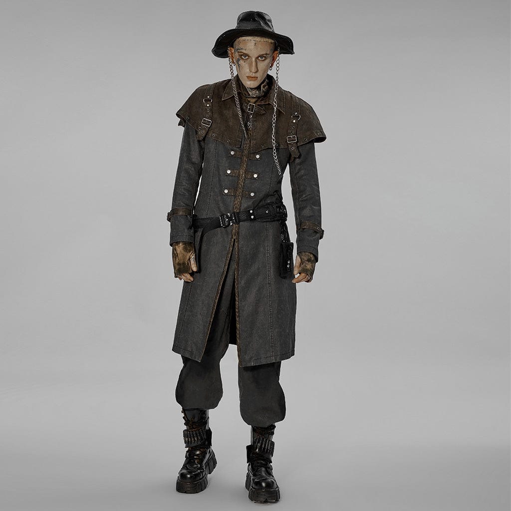 PUNK RAVE Men's Punk Cloak Splice Buckles Long Coat