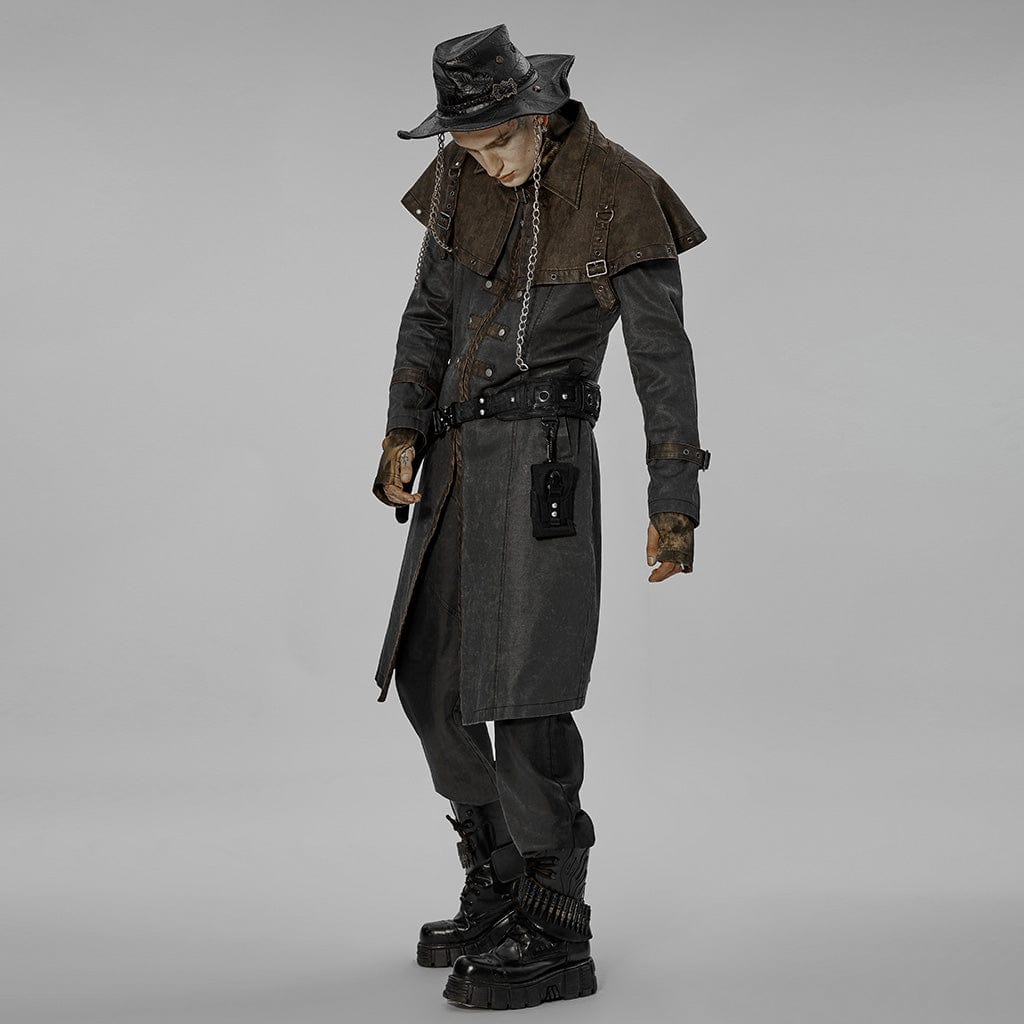 PUNK RAVE Men's Punk Cloak Splice Buckles Long Coat