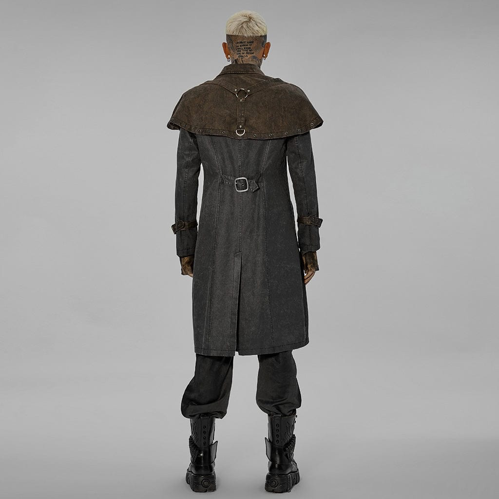 PUNK RAVE Men's Punk Cloak Splice Buckles Long Coat