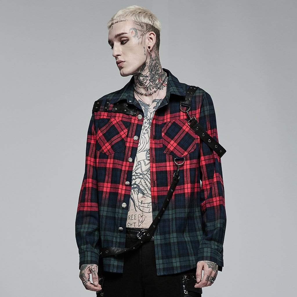 Punk Rave Men's Punk Double Color Splice Plaid Shirt