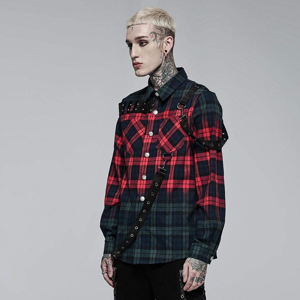 Punk Rave Men's Punk Double Color Splice Plaid Shirt
