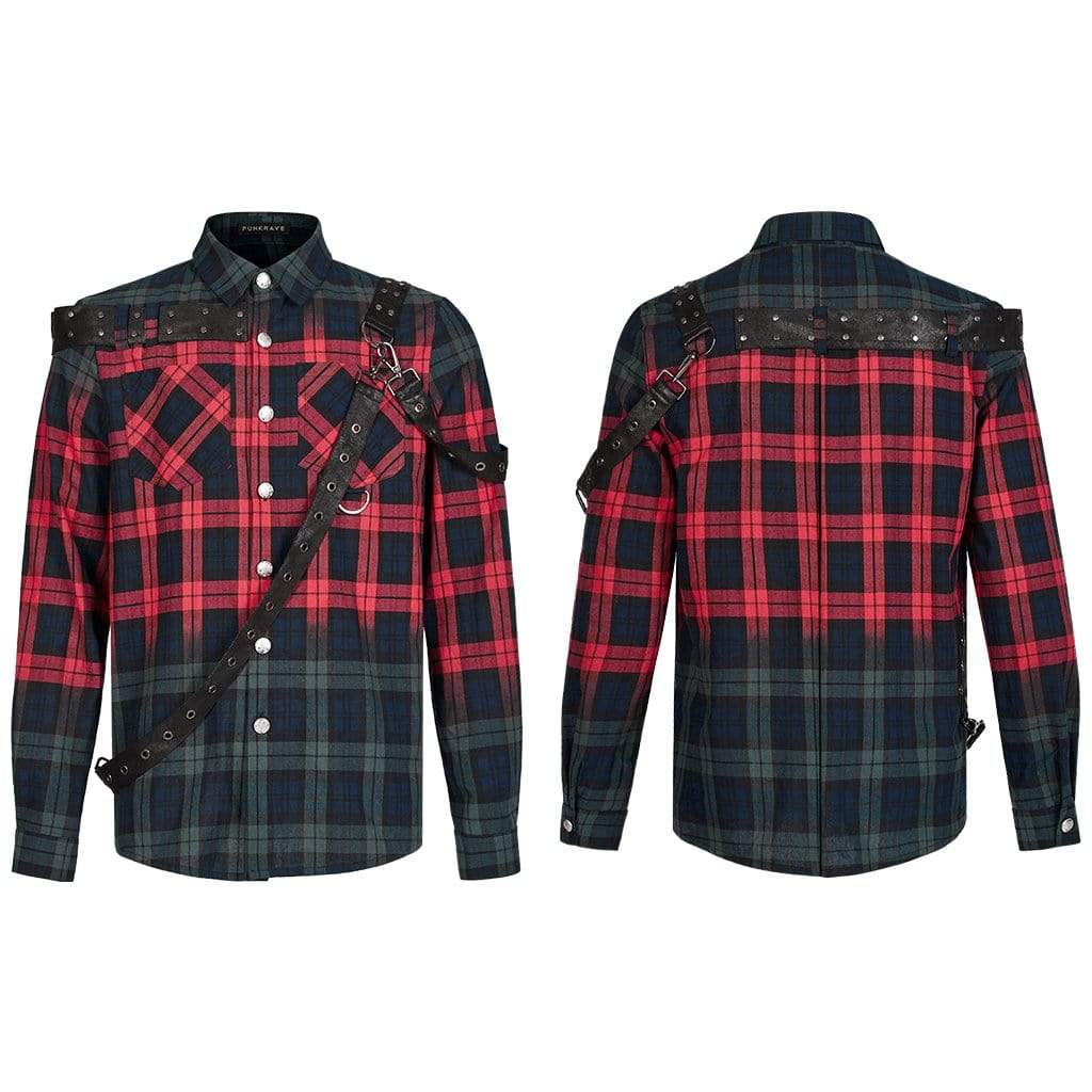 Punk Rave Men's Punk Double Color Splice Plaid Shirt