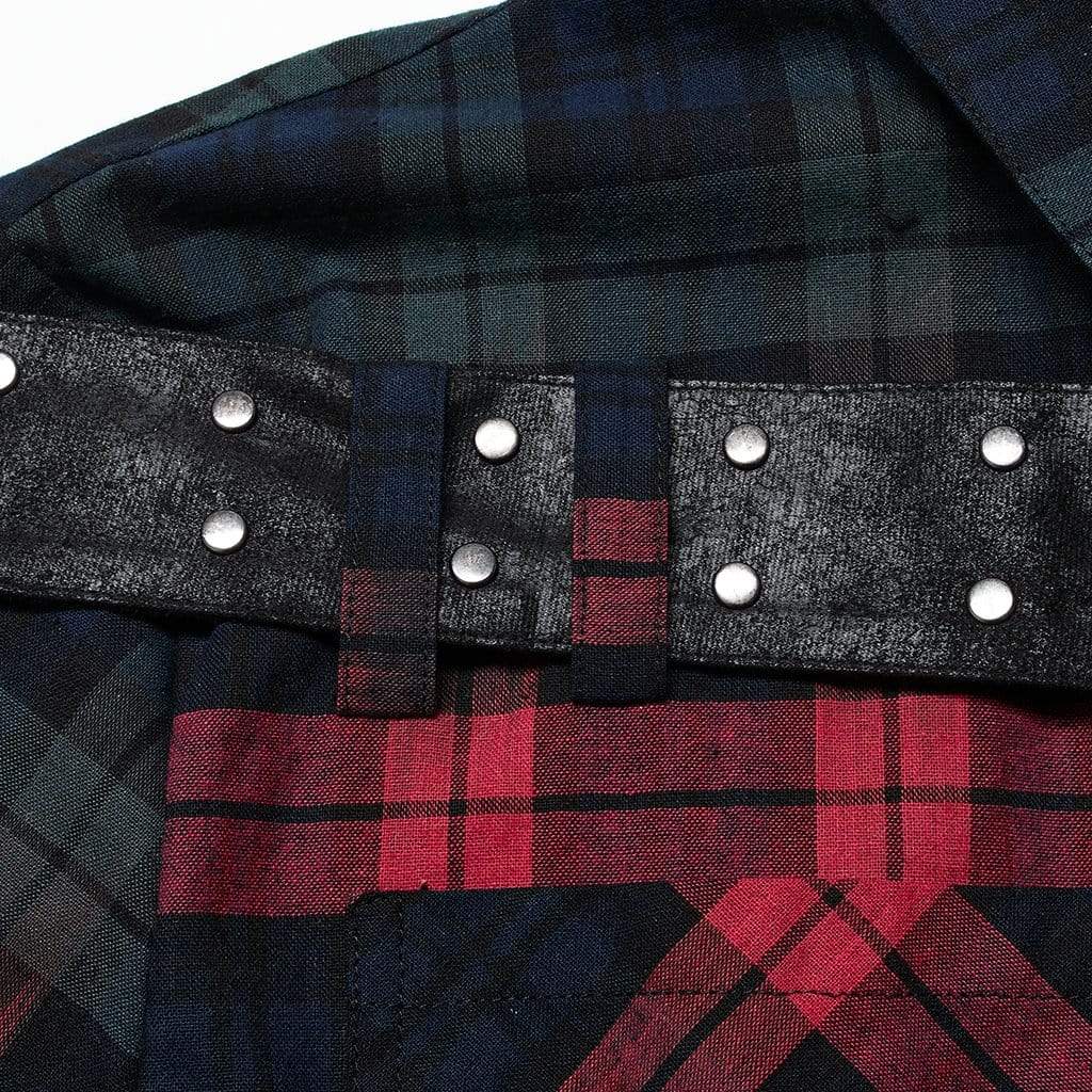 Punk Rave Men's Punk Double Color Splice Plaid Shirt