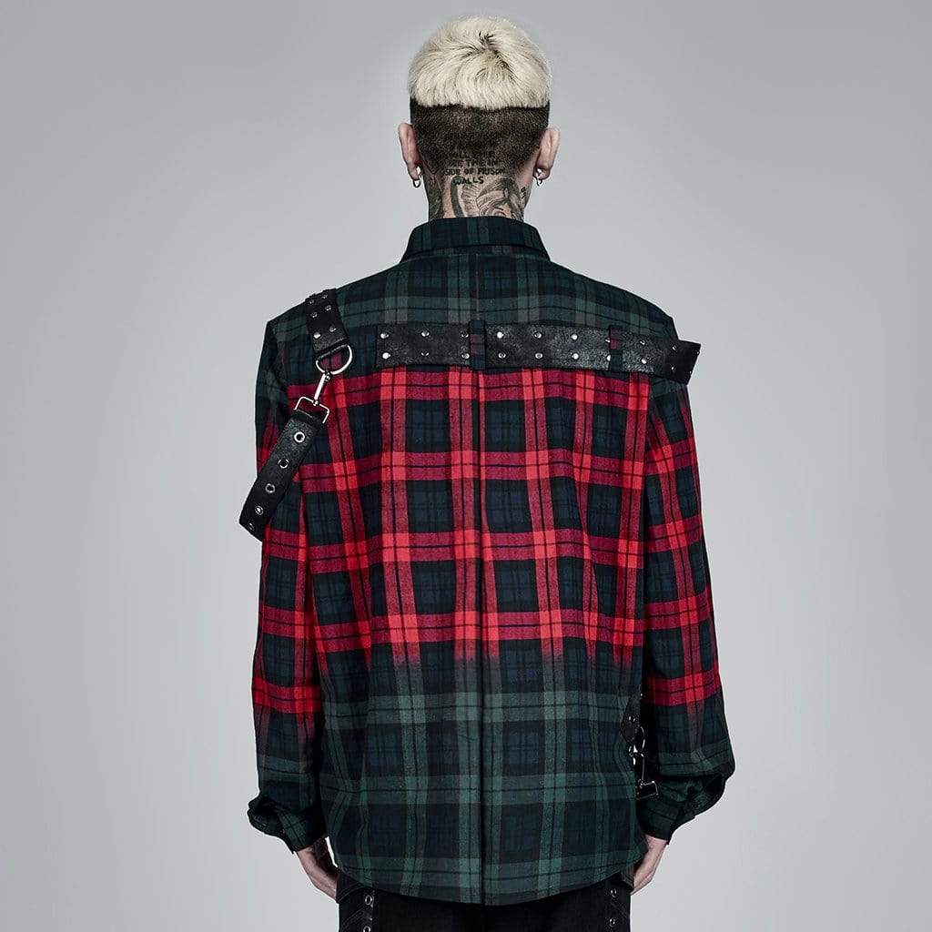 Punk Rave Men's Punk Double Color Splice Plaid Shirt