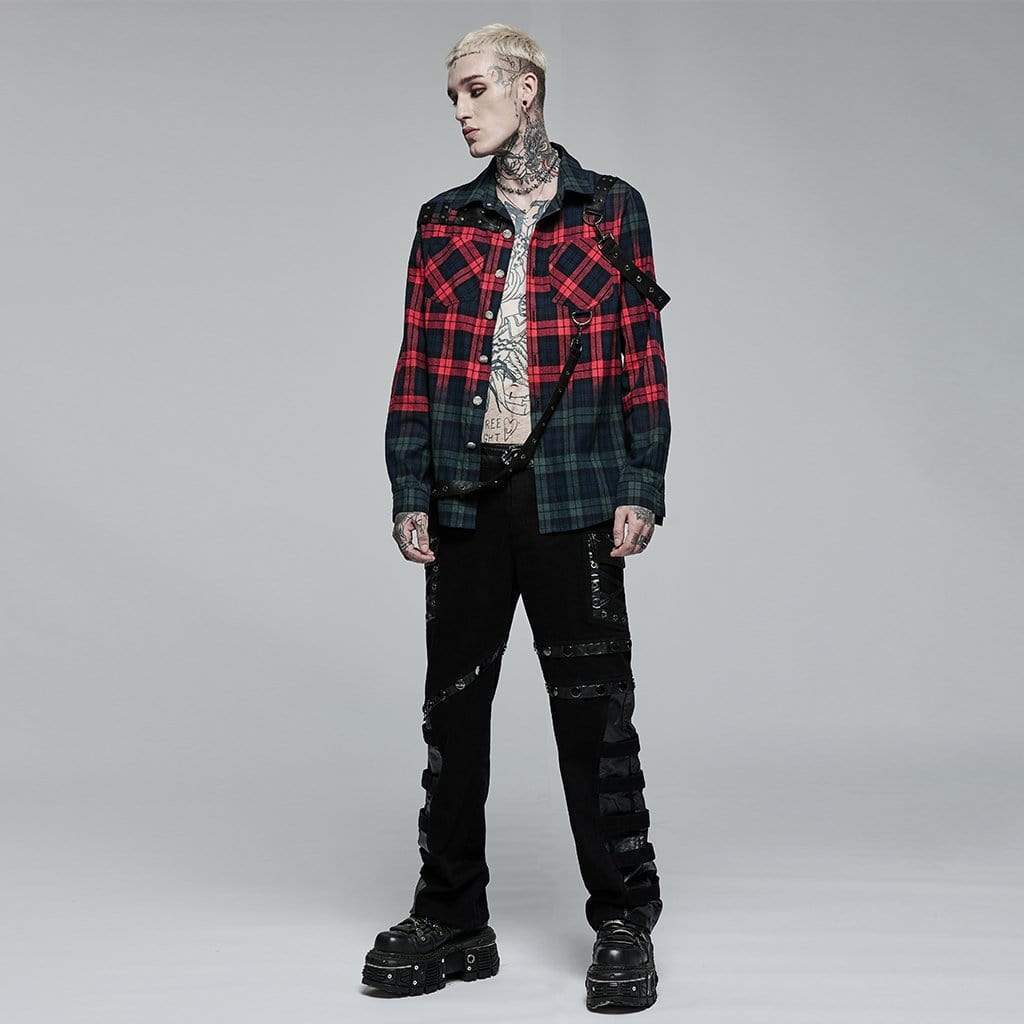 Punk Rave Men's Punk Double Color Splice Plaid Shirt