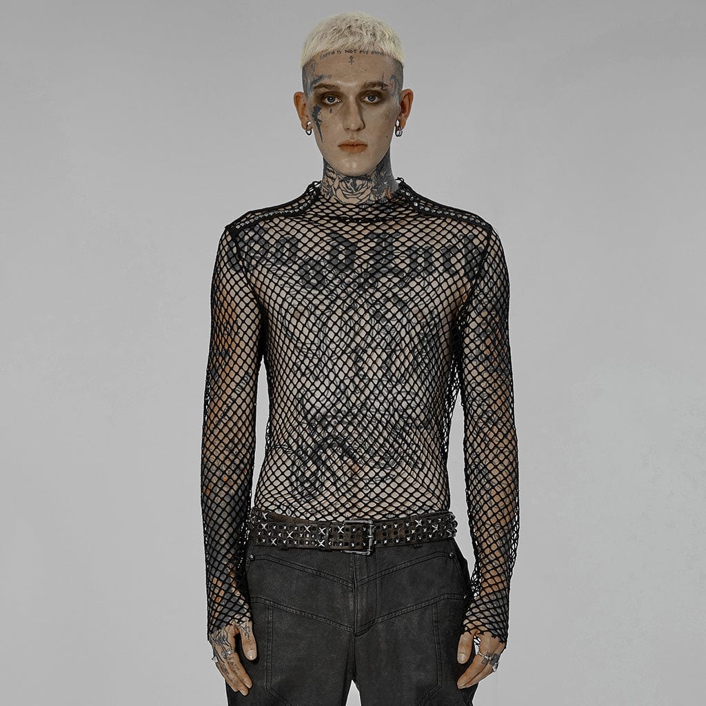 PUNK RAVE Men's Punk Mesh Sheer Shirt