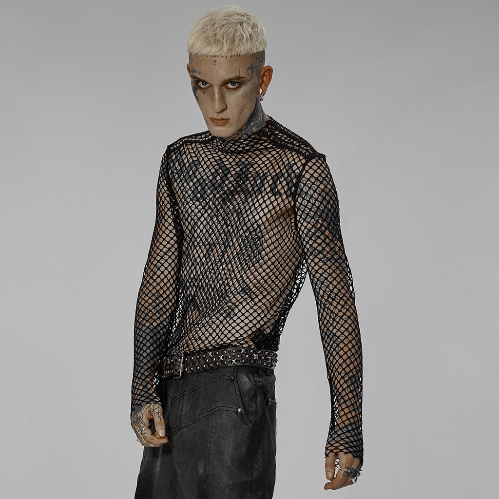 PUNK RAVE Men's Punk Mesh Sheer Shirt