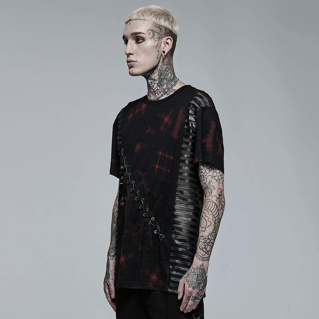 PUNK RAVE Men's Punk Mesh Splice Plaid T-shirt