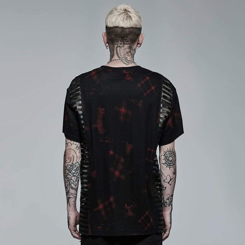 PUNK RAVE Men's Punk Mesh Splice Plaid T-shirt