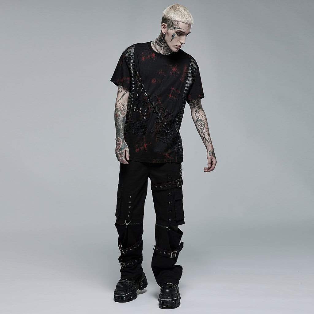 PUNK RAVE Men's Punk Mesh Splice Plaid T-shirt