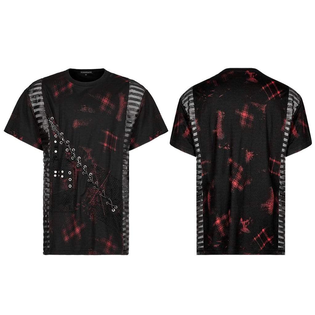 PUNK RAVE Men's Punk Mesh Splice Plaid T-shirt