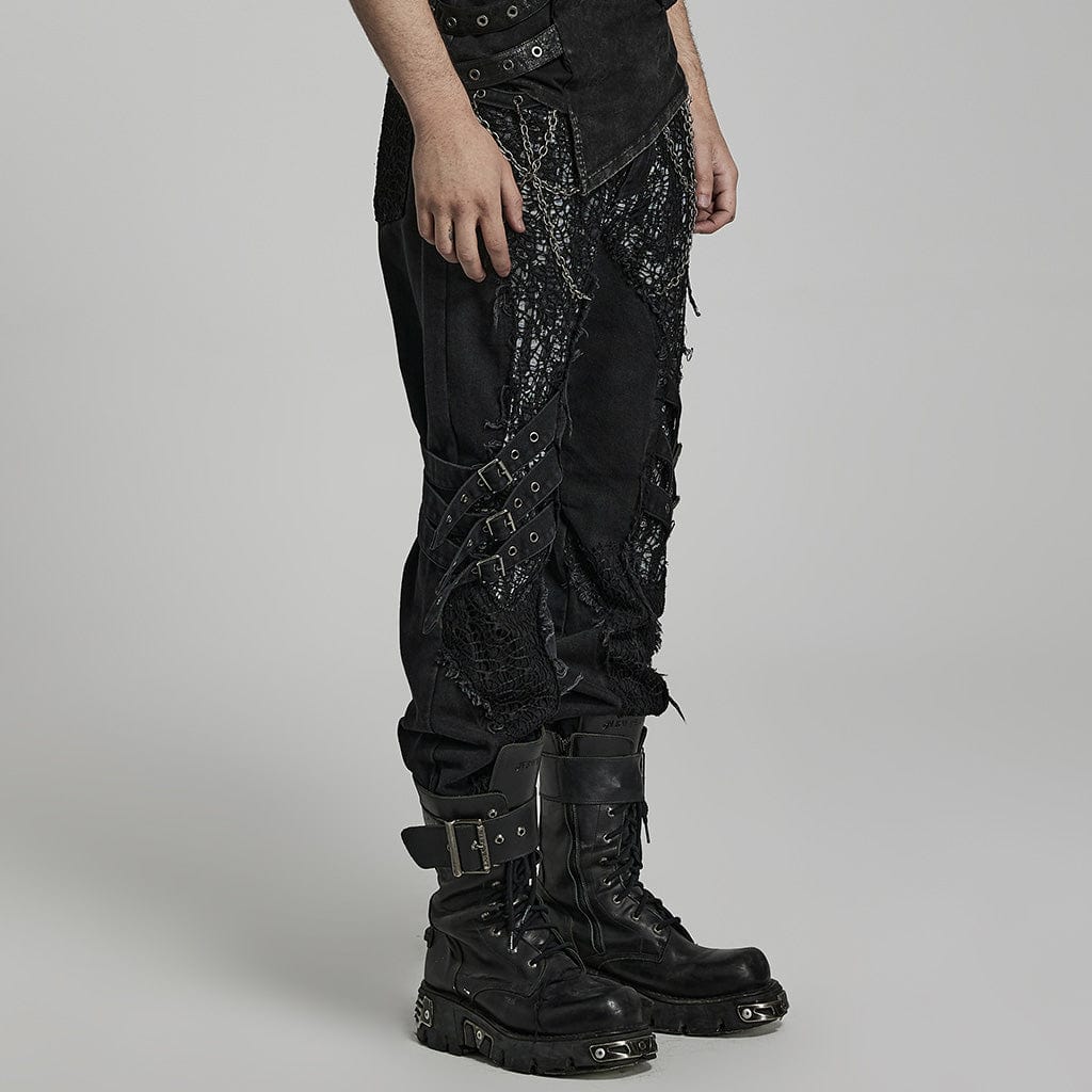 PUNK RAVE Men's Punk Mesh Splice Strap Pants