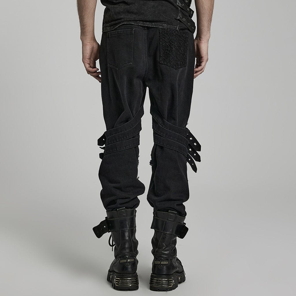 PUNK RAVE Men's Punk Mesh Splice Strap Pants